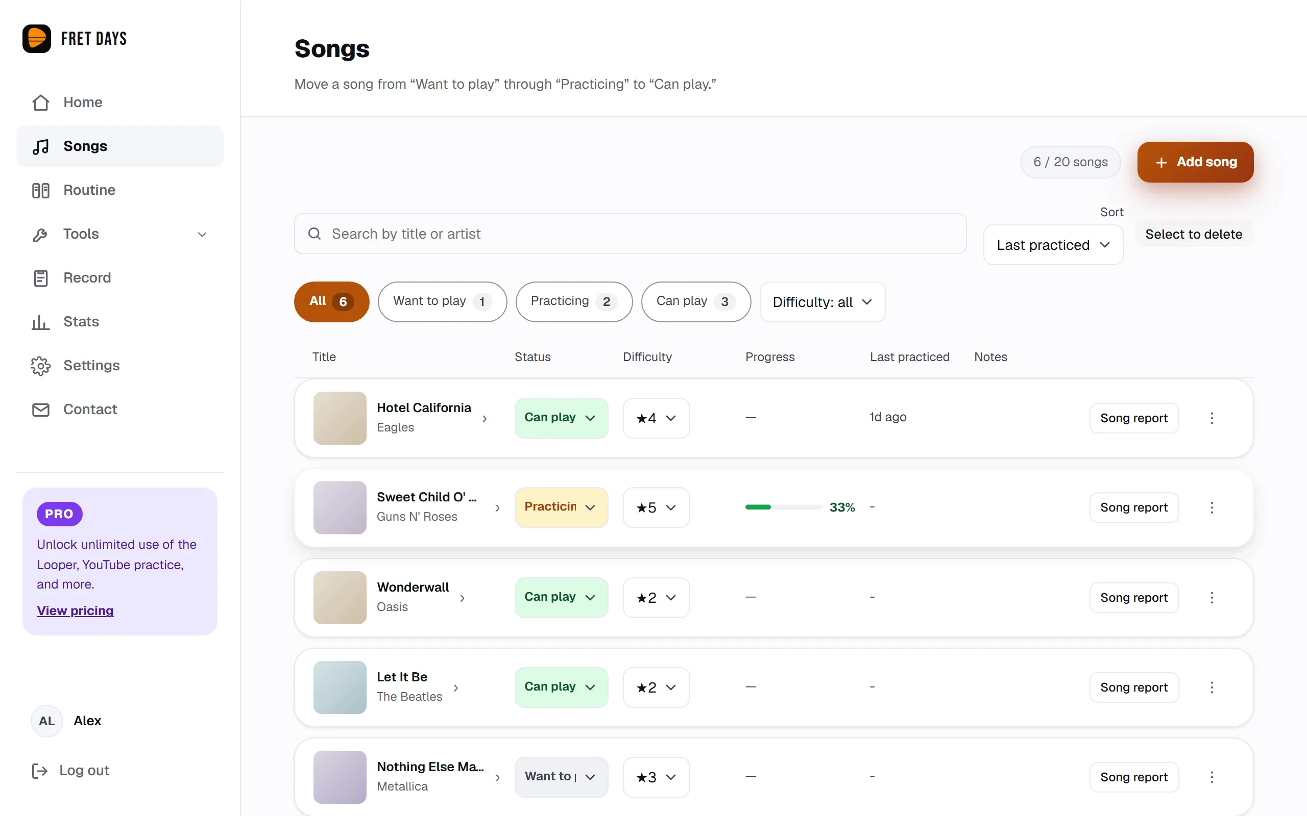 The song list screen with song cards sorted by status