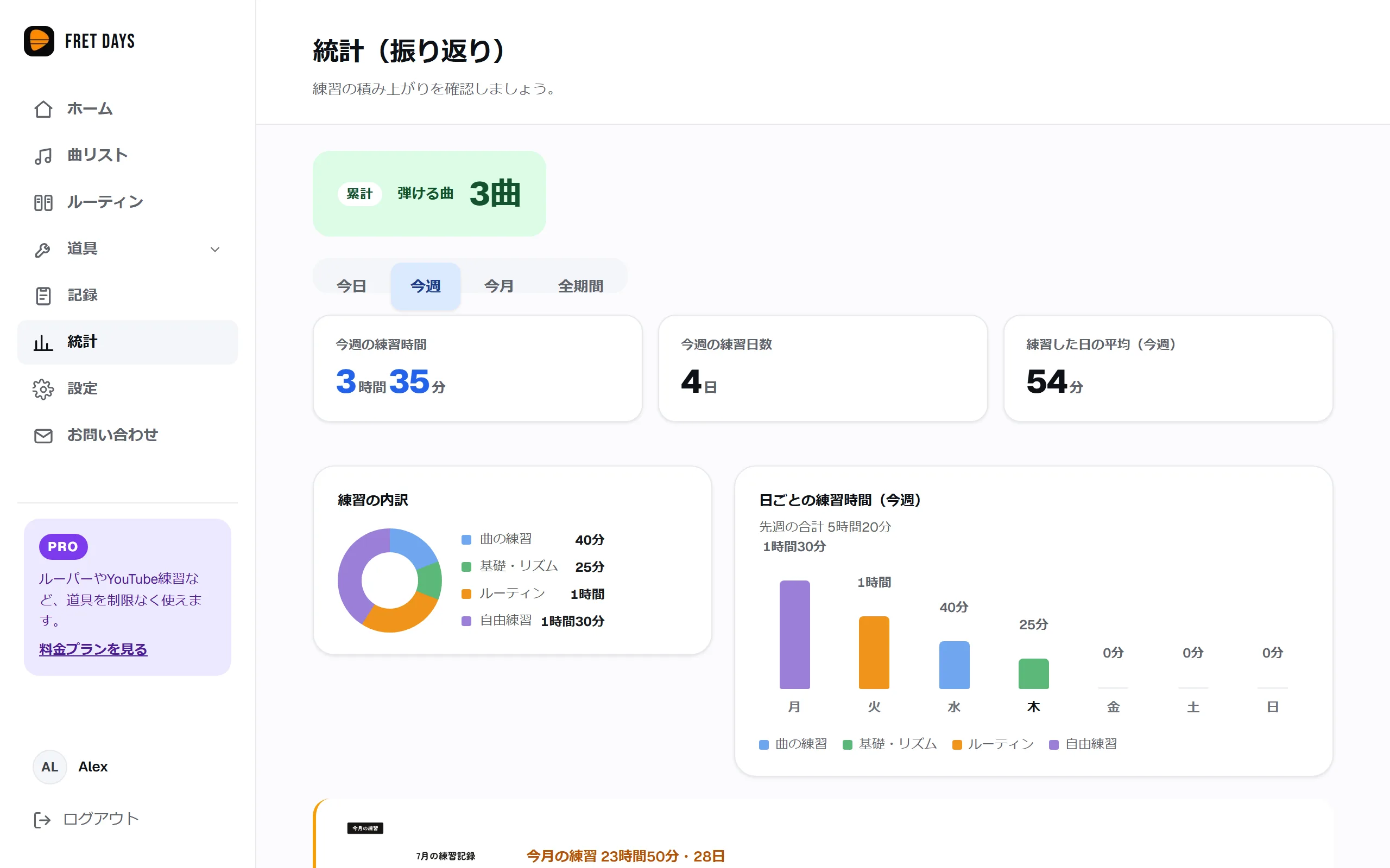 週ごとの練習時間グラフと時間の内訳が並ぶ記録・統計画面